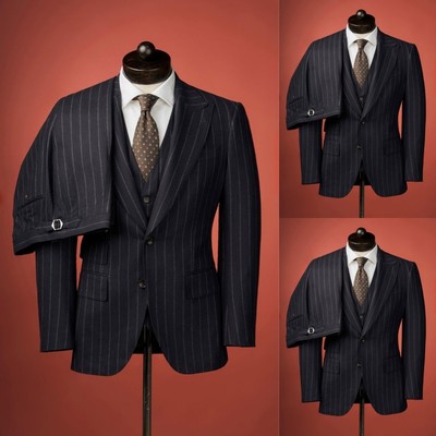 Black Striped Men's Suit 3Pcs Business Wide Peak Lapel Tuxedos Evening Jacket