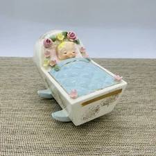 VTG Lefton Baby Cradle Bank Ceramic Coin Bank Japan NO PLUG Blue Blanket
