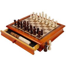 12-Inch Wooden Chess  Checkers Set with Storage Drawer, Portable Board Games