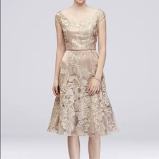 NWT Alex Evenings Champagne embroidered Floral Midi Cap Sleeve Formal Dress 6