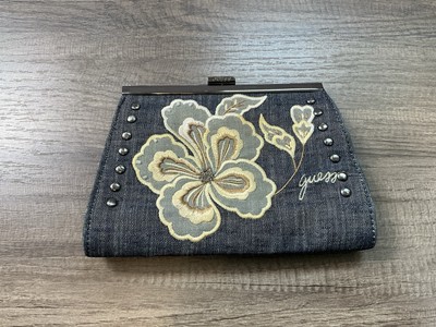 Vintage Guess Denim Clutch Bag Embroidered Floral Pattern Boho Chic Y2K