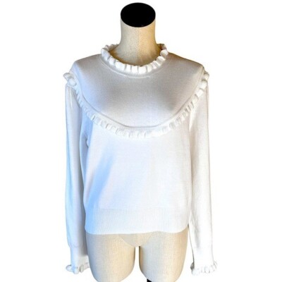 NWT  French Collection Babysoft Crewneck Ruffle Sweater in White Large