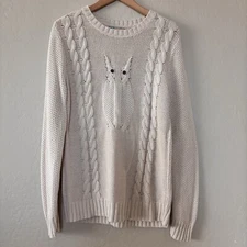 Pim + Larkin Owl Sweater Cream Ivory Brown Button Eyes Silver Lurex Cable Knit