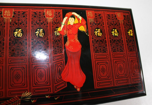 Elegant Asian Gloss Black & Red Lacquered Jewellery Ring Box Velvet Inner Shelf - Picture 2 of 17