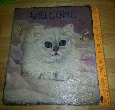 Vtg oil painted white pussy cat on big tile plague leather strap 12''×10''Wall art