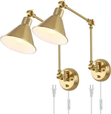 Dimmable Brushed Brass Wall Sconces with Swing Arm & 6FT Cord (2 Pack)