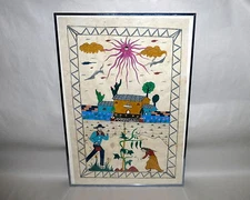  1960's Naif Painting hndmde Paper Ode to Organic Farming HOT PEPPERS 24" Frmd