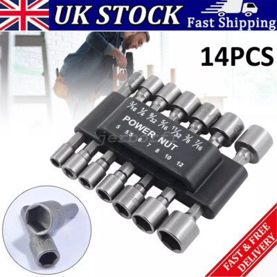 14pcs 1/4" Nut Driver Bit Set Strong Hex Metric Socket Impact Drill ...