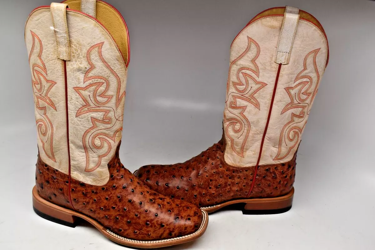 Horse Power Men s 11 D Bleached Bone Ostrich PRINT Boot Square Toe HP1857