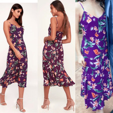 Lulus Lovely Lilies Purple Floral Print Midi Dress XS