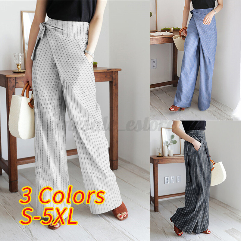 Womens Designer Wide Leg Trousers Cotton Pants Casual Loose Wrap Pants Plus  Size | eBay