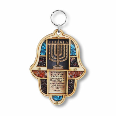 Wooden Hamsa Menorah Blessing Home - Good Luck Wall Decor Simulated Gemstones