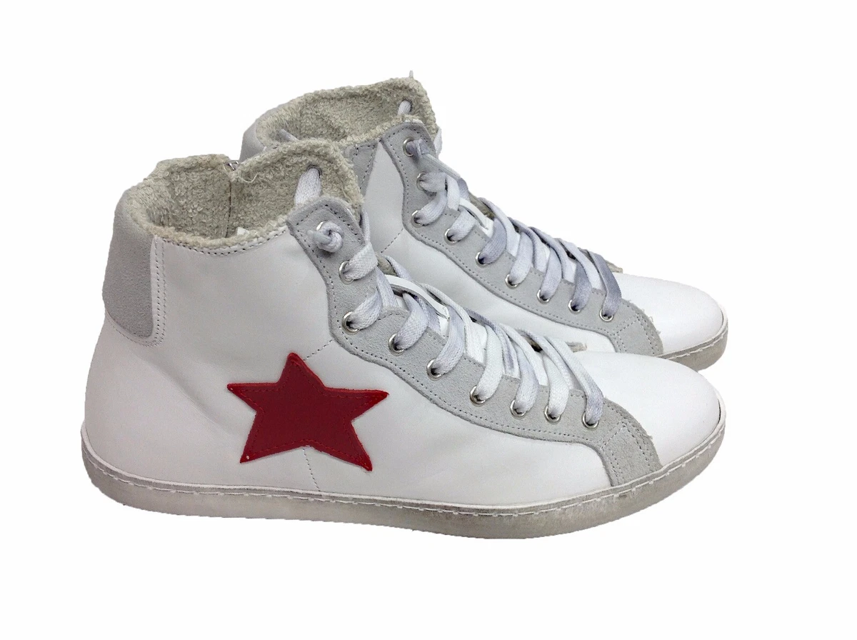 scarpe sneakers alte uomo pelle bianco ghiaccio Via Condotti stella rossa  Nuovo