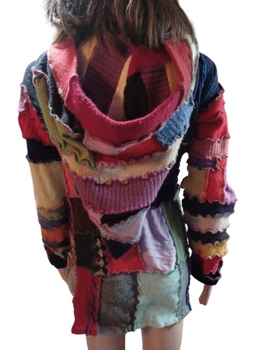 One Of A Kind Handmade BOHO Patchwork Sweater Jacket Long Hood Wool? S Hippie