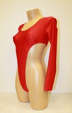 Women Thong Leotard 101-08 Long Sleeve High Open Thig Red Spandex Size M