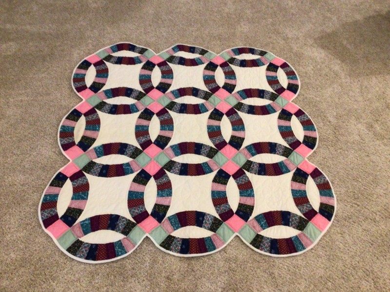 Wedding Ring Quilt Hand stitched Wall Lap 48” x 48”  Pink Black Great Condition
