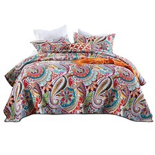 Cotton Quilt Set, Queen Size, Multicolor Paisley, Boho Style, Soft Lightweight
