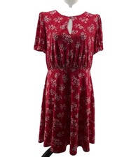 LOFT Dress Women's 8 Red Floral Smocked Flounce Short Puff Sleeve Classic Career