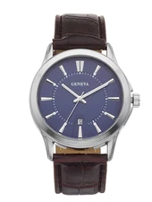 Geneva Diamond Men’s Watch, Blue Dial, Brown Strap,Silver Tones, KH8070SL- New!!