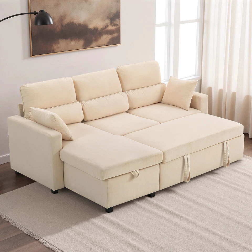 HOMCOM Divano Letto Angolare con Contenitore e 2 Cuscini in Velluto Coste Beige - Immagine 3 di 4