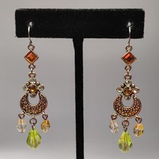 Gold Tone Green Pink Orange Bead Rhinestone Chandelier Bead Hoop Dangle Earrings
