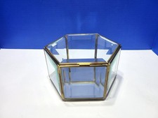 Vintage Large Hexagon Glass and Brass Jewelry Box 7x4