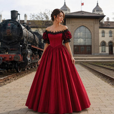 Burgundy Off Shoulder Puff Lace Sleeve Satin Ball Gown Victorian Evening Dress