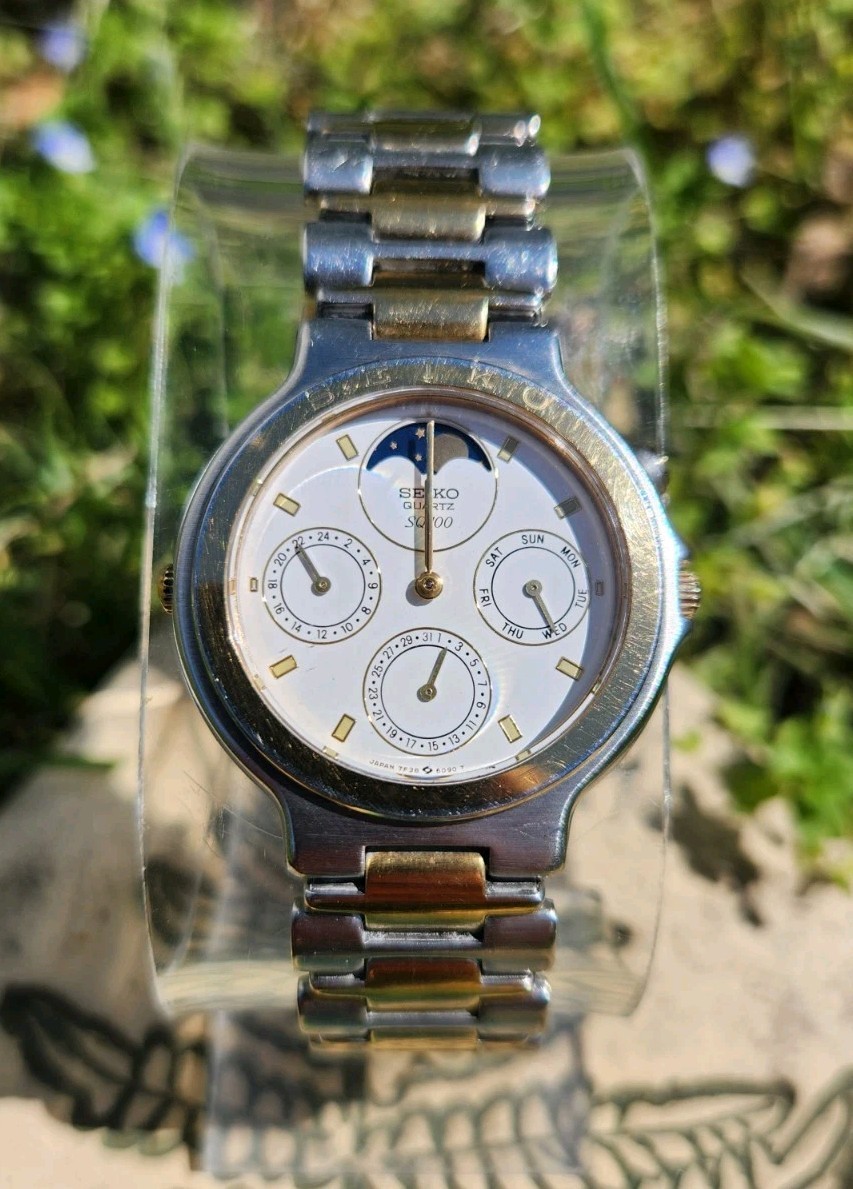 1023-11 moon専用 Vtg Seiko SQ100 7F38-6129 Triple Date Moon Phase 34mm Men's Watch