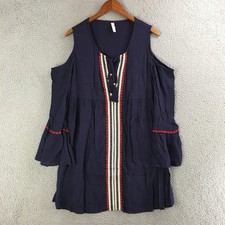 Xhilaration Boho Mini Dress Womens Large Cold Shoulder Tie-Neck Casual Blue