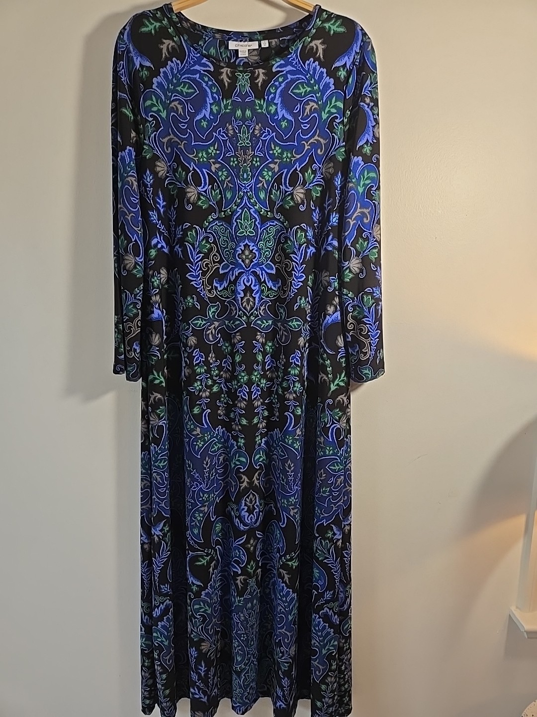 Chico's Knit Black Blue Floral Maxi Dress Size M Long Sleeve Stretch