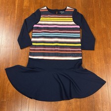 Lands' End Girls Size M 10-12 Navy Blue Multi Color Stripe Ribbon Dress Long