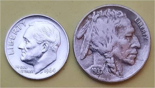 Lot of 2 Coins- 1 90% Silver Roosevelt 10c (1964P) & 1 Better Buffalo 5c (1937S)