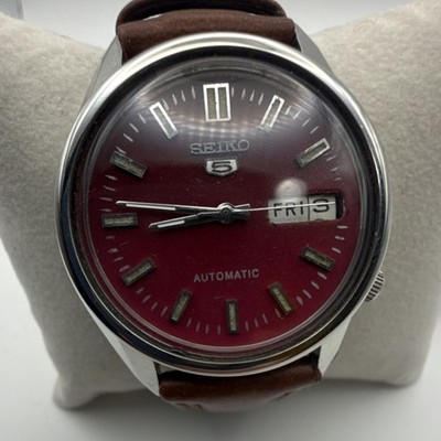 Seiko 5 Men's Automatic Red Dial Brown Leather Stainless Steel