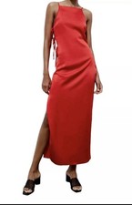 Zara New Womens Red Tied Satin Effect Midi Dress Open Back Slit, Lining, Zip S