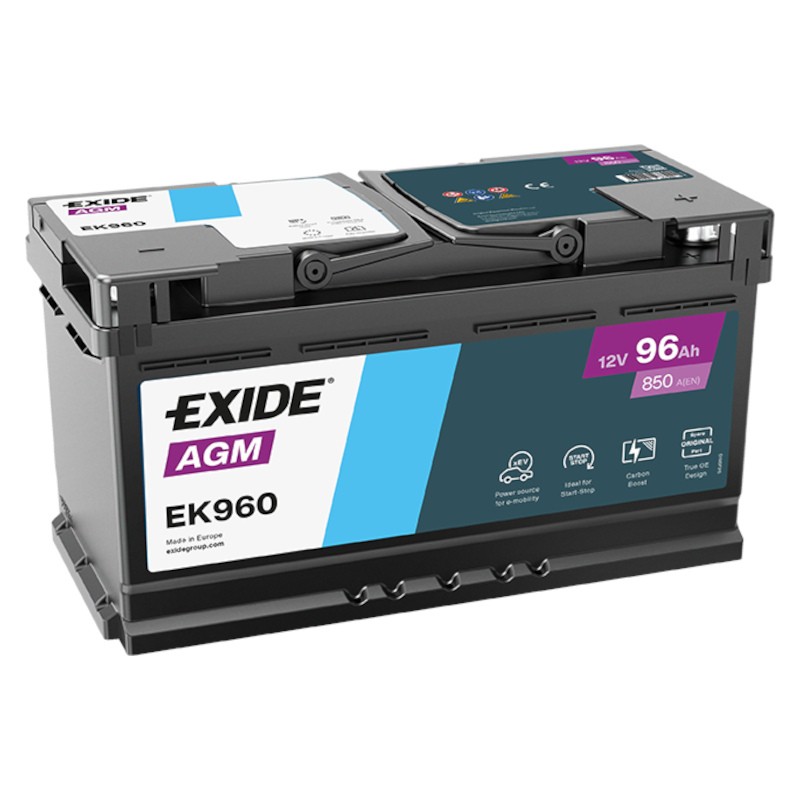 Exide EK960 AGM Batería 12V 96Ah 850A Reemplaza EK950 Coche Batería Arrancador Coche
