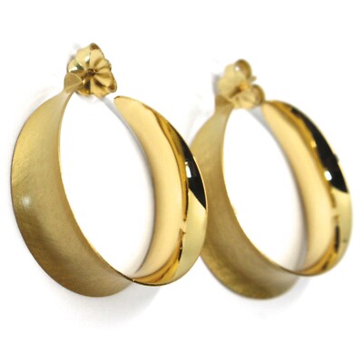 925 STERLING SILVER CIRCLE HOOPS BIG EARRINGS 4cm x 1.2cm YELLOW SATIN CURVED