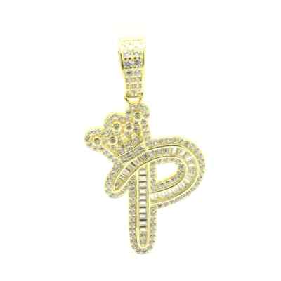14K Gold Plated 925 Silver Baguette CZ Crown Letter P Pendant 3mm Tennis Chain