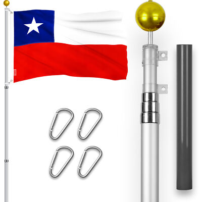 Combo: 16 Ft Telescoping Flagpole Silver & Chile Chilean Flag 3x5 Ft Emb 300D