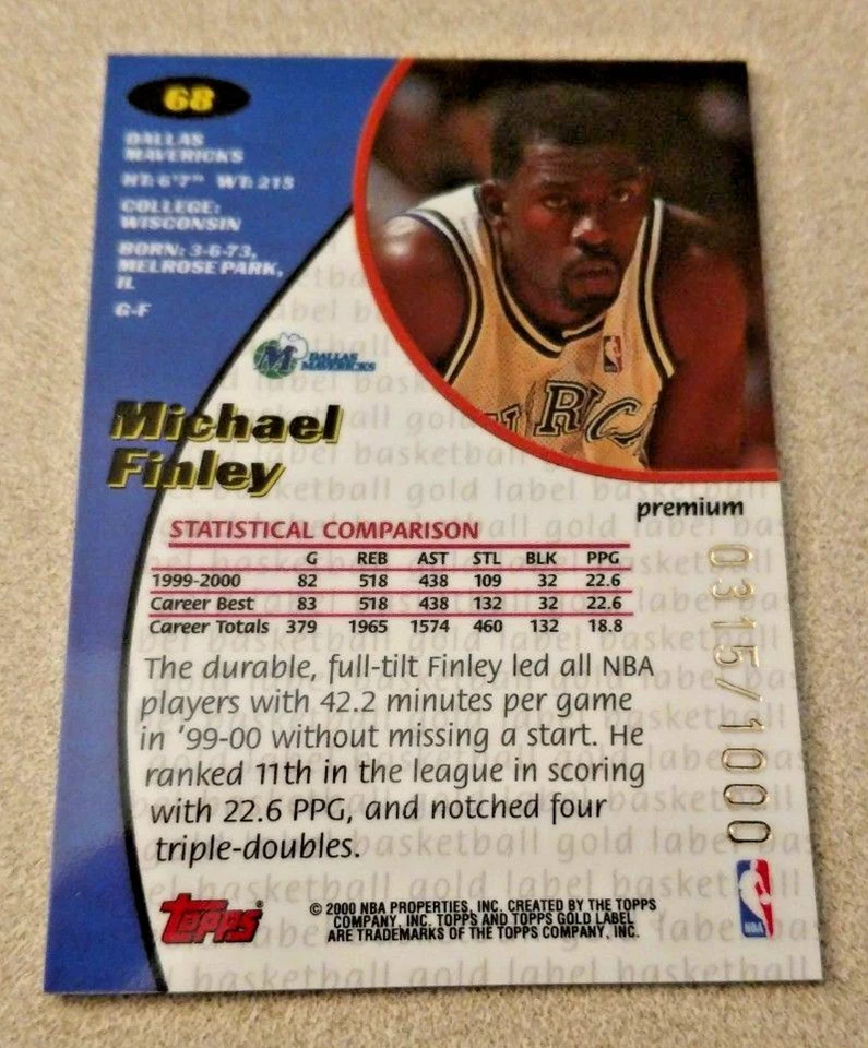 2000-01 Topps Gold Label Premium #68 Michael Finley Dallas Mavericks /1000 - Image 2 of 2