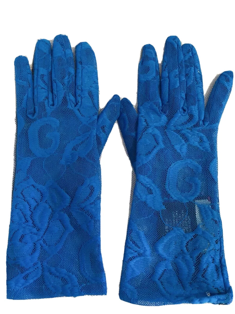 NWT 100% Authentic GUCCI Blue Lace Floral Motif and Letter G Gloves Size  S/7