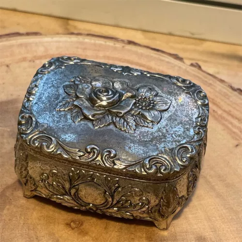 Vintage Japanese Silver-Tone Metal Trinket Box Floral Engraved Velvet Lined