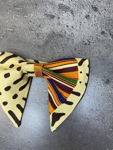 Handmade Men's African Print Kente Bow Tie Handkerchief Pre-tied Beige Brown - Picture 5 of 20