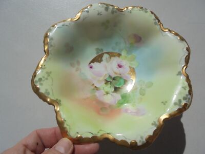 Antique Vintage Hand Painted Pickard China Lobed Bowl Pink Roses Gold 8 1/2''