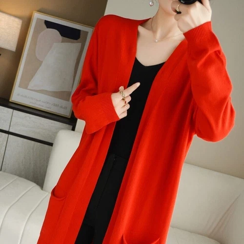 Damen Kaschmir Strickjacke Herbst Lang Strick V-Ausschnitt Wolle Mäntel Mittellang - Bild 3 von 26