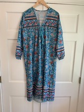 Vintage Caftan Lounge Gown Aqua Blue Floral Boho Muumuu Size Medium EUC