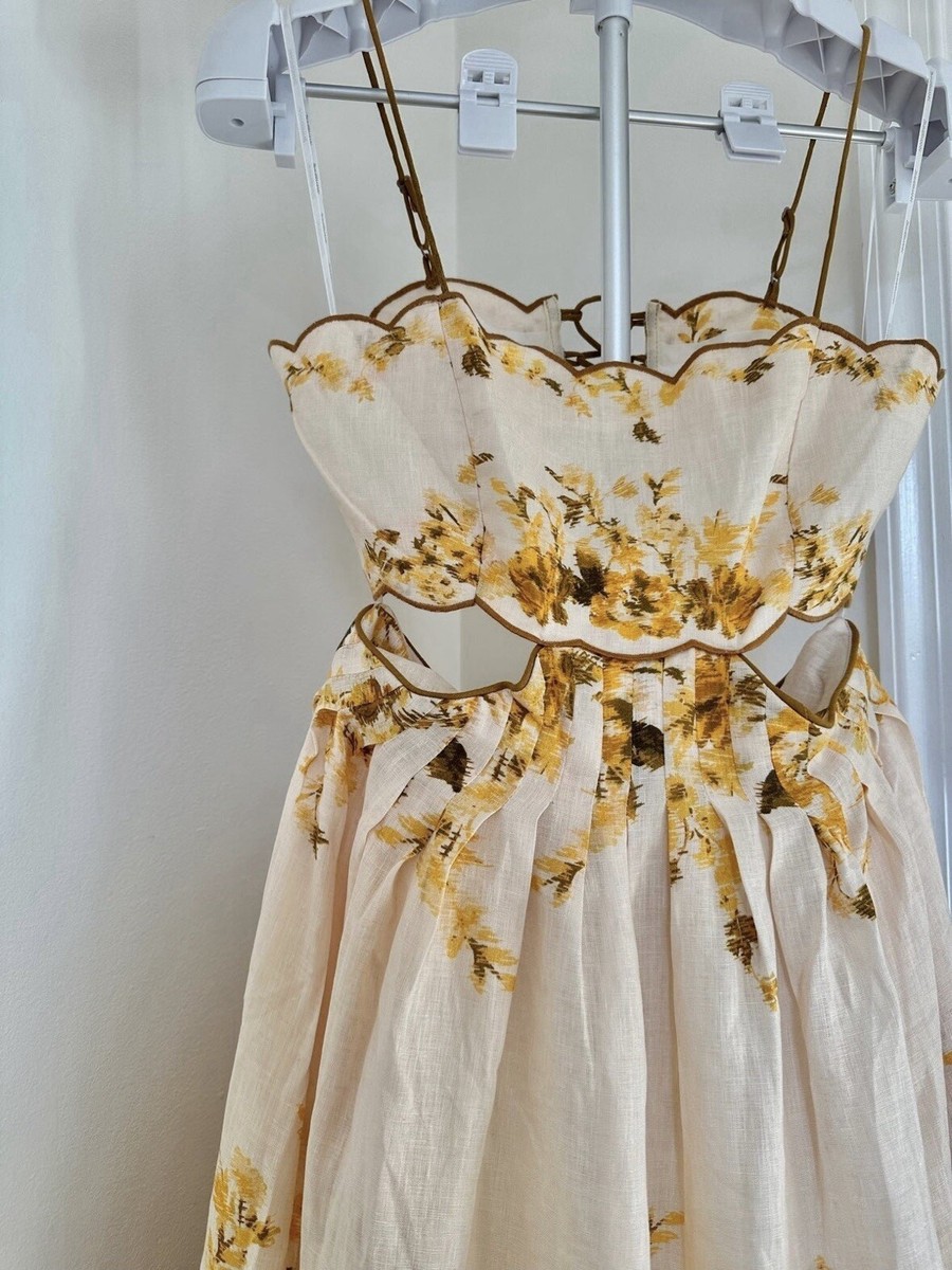 NWOT Zimmermann Aliane Scallop Linen Amber Floral Open Back Midi Dress AU3  L | eBay