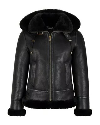 WOMEN'S RAF AVIATOR B3 BOMBER BLACK REMOVABLE HOOD PILOT FLYING LEATHER JACKET