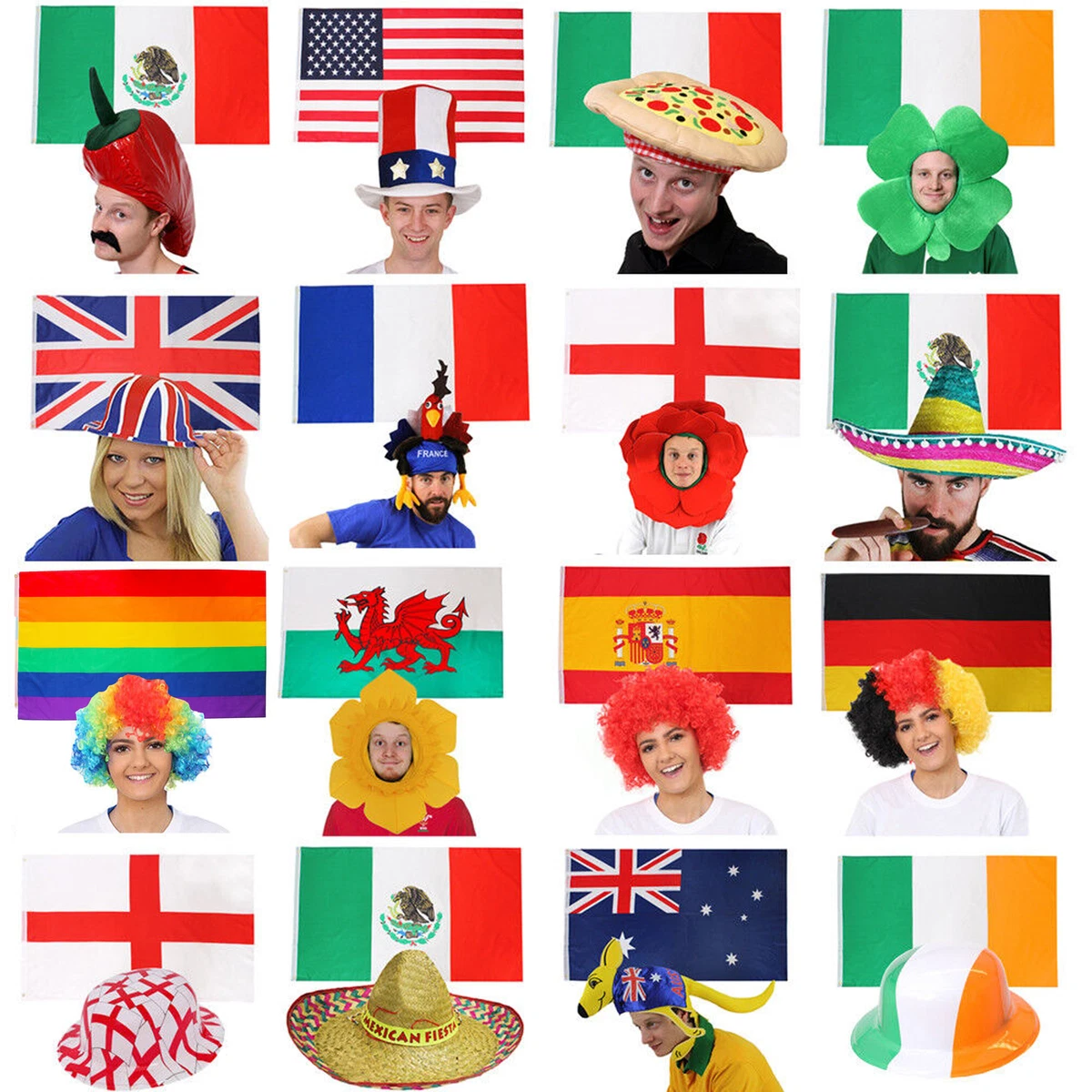 WORLD FLAGS HATS FUNNY SUPPORTERS SET NATIONAL SPORTS RUGBY FANCY DRESS