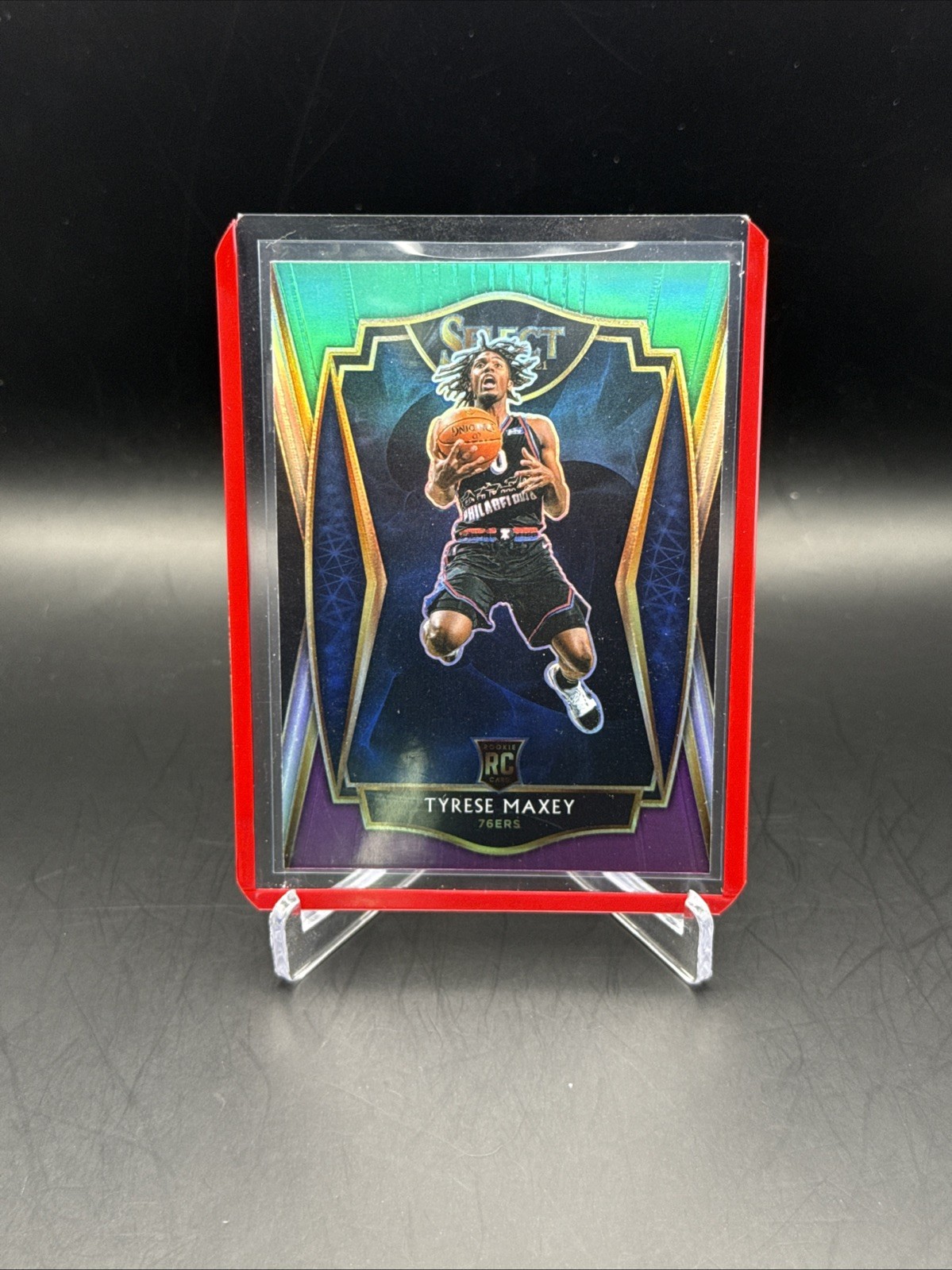 2020-21 Panini Select Tyrese Maxey Premier Level Green White Purple Prizm RC 174