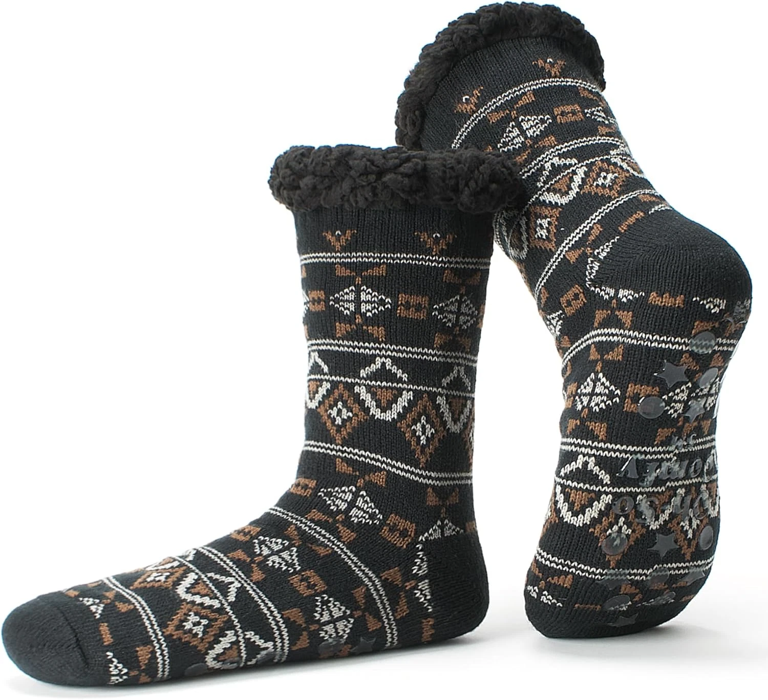 Men's Slipper Socks with Non-Slip Grippers, Thermal Fuzzy Warm Sherpa Lining, Co